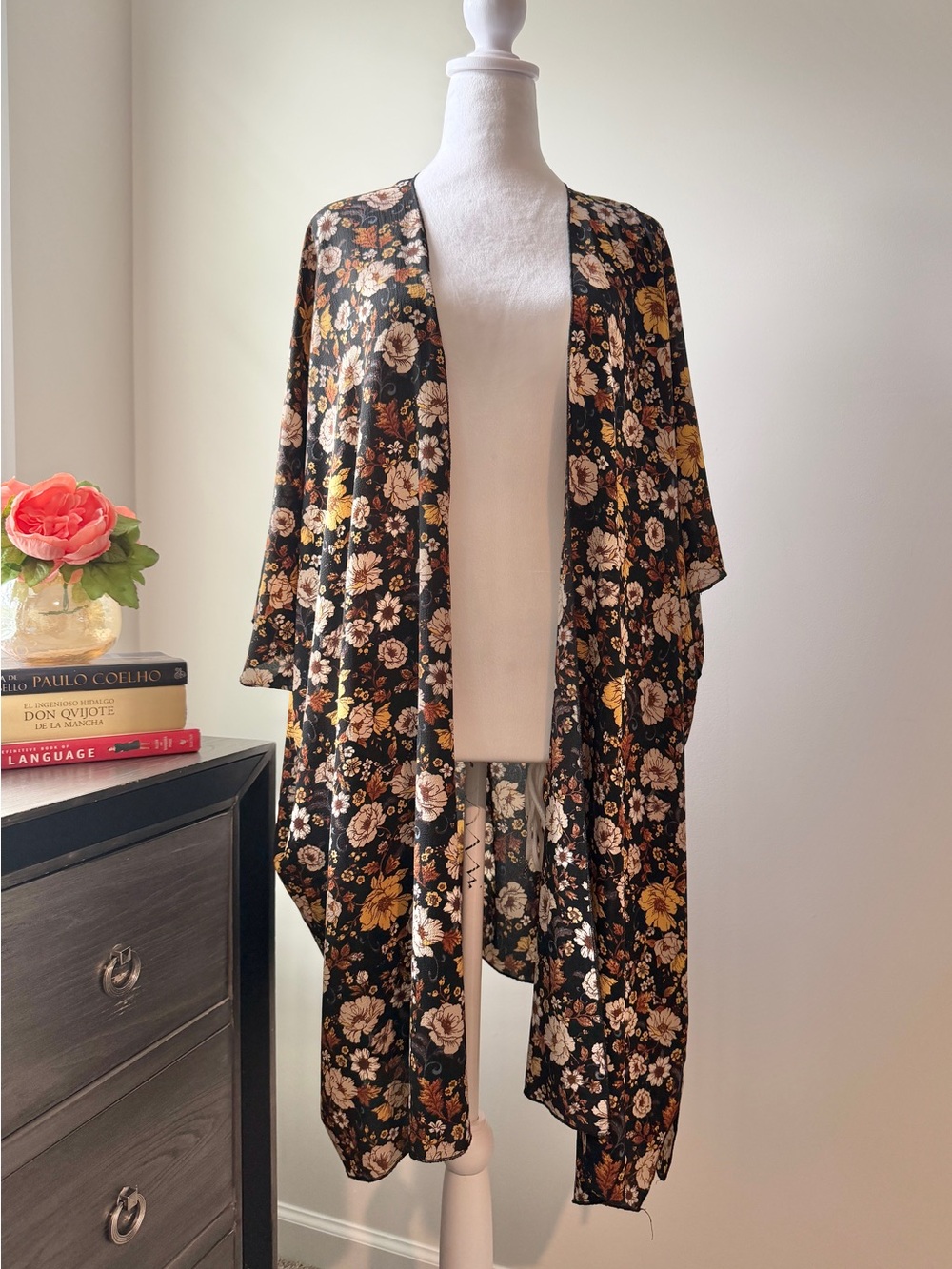 Preloved Black Floral Kimonouu Cardigan with Mustard and Cream Flowers